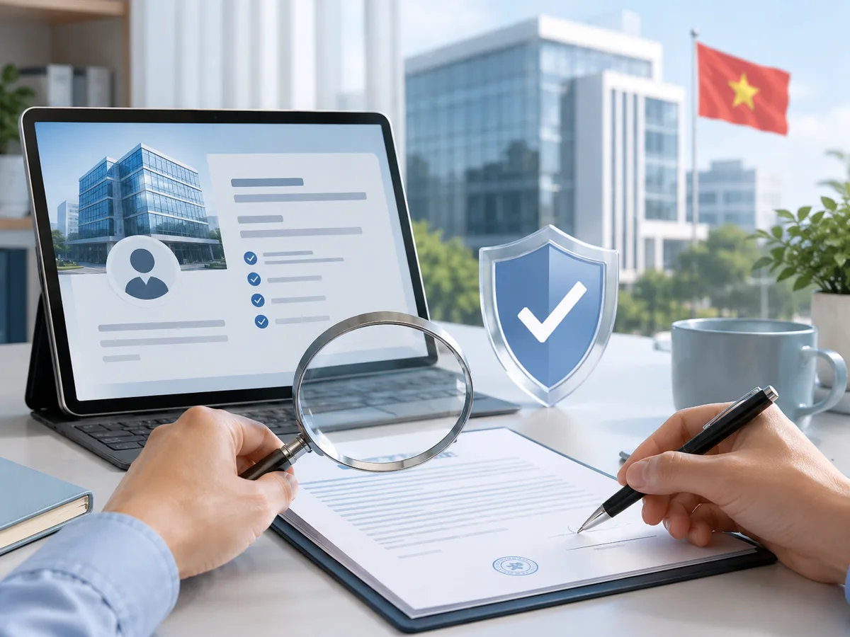 Проверка работодателя на ноутбуке с карточкой компании, договором, офисом и защитным значком