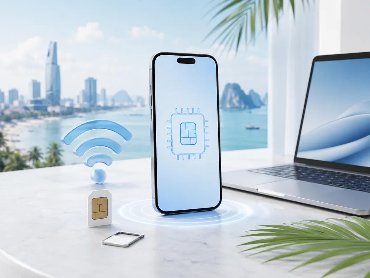 Телефон, SIM-карта, eSIM, Wi‑Fi-волны, ноутбук и пальма на светлом фоне во Вьетнаме
