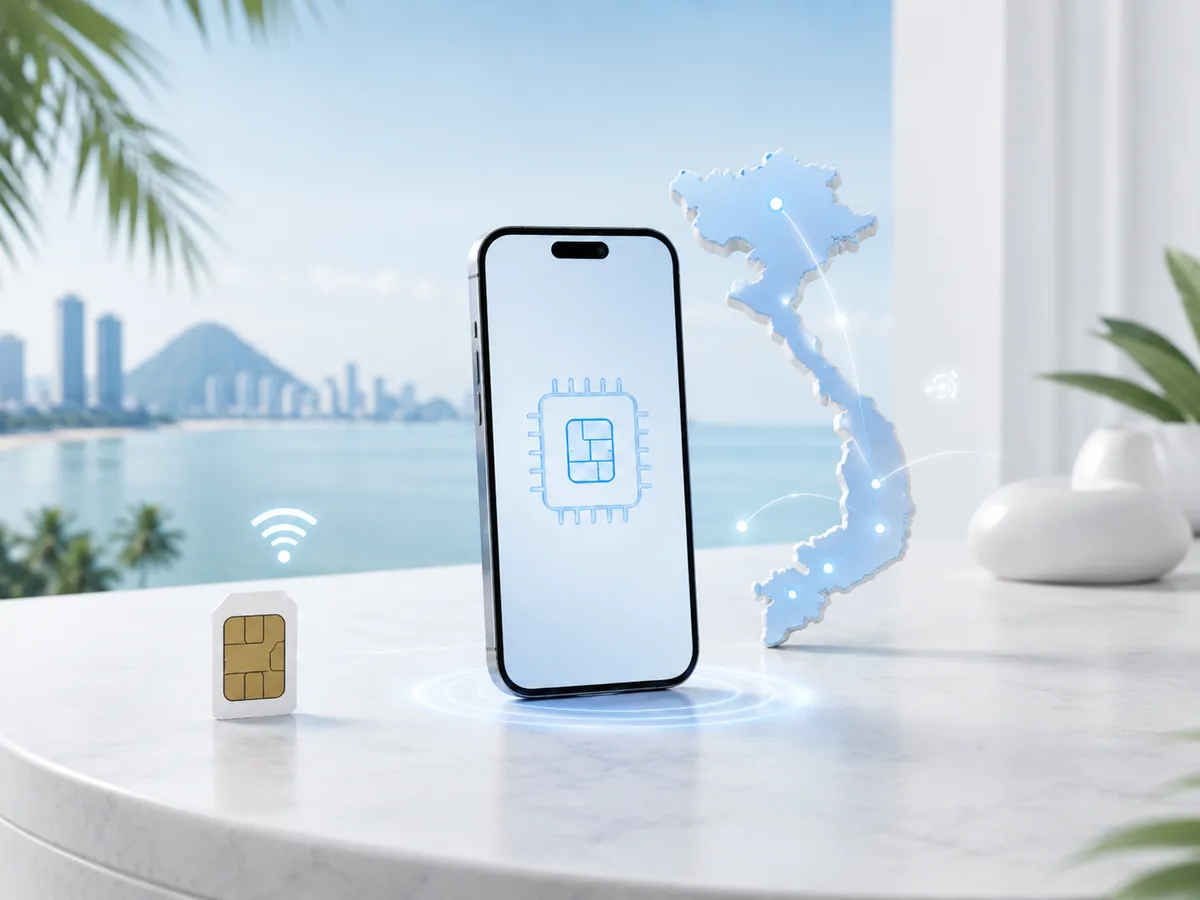 Phone with eSIM icon, physical SIM card, and a map of Vietnam without text