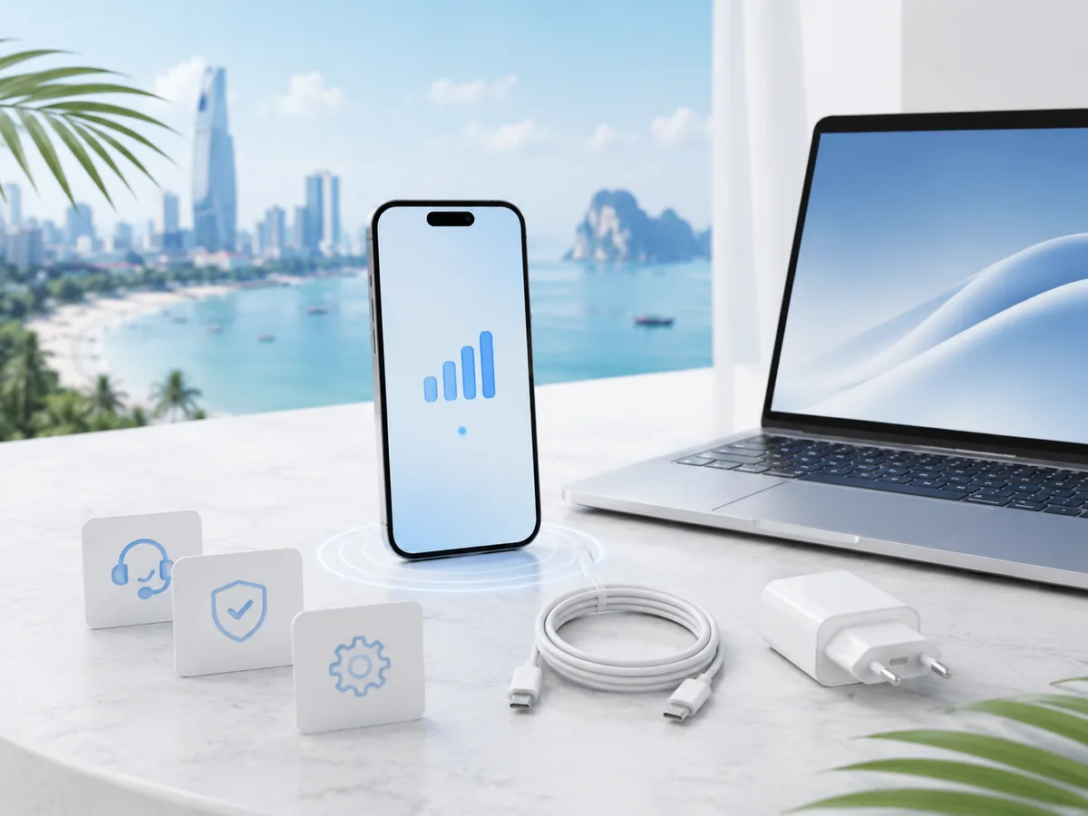 Phone with network signal, laptop, cable, adapter, and small service cards without text